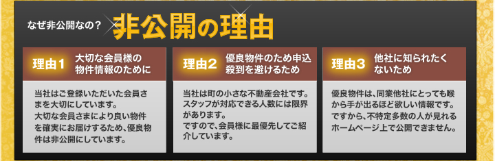 なせ非公開なの？非公開の理由｜理由１大切な会員様の物件情報のために　理由２優良物件のため申込殺到を避けるため　理由３　他社に知られたくないため